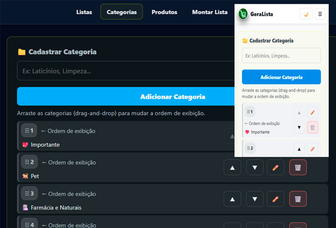 Print da seção de cadastro de categorias