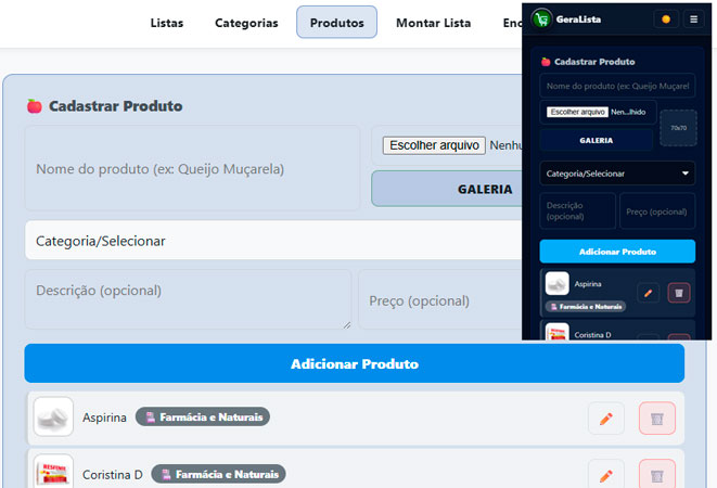 Print do formulário de cadastro de produtos